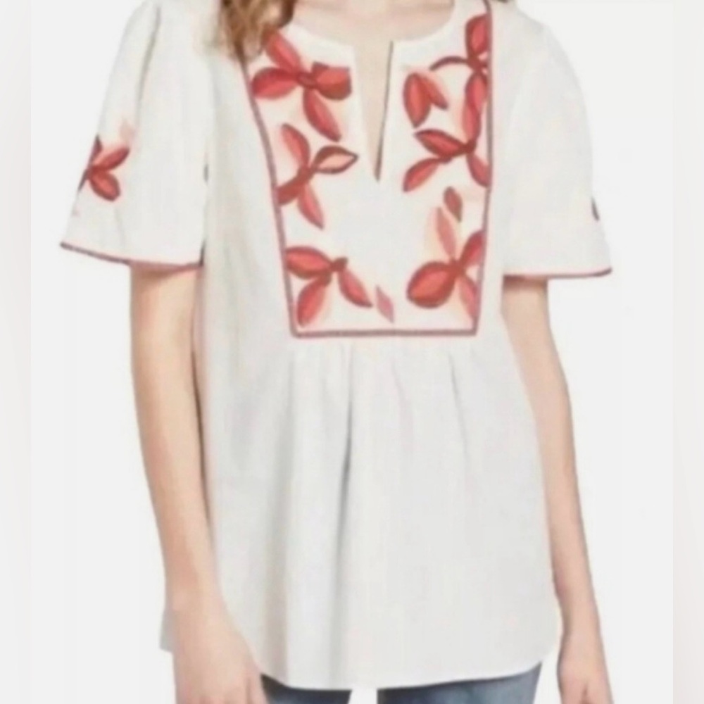 Madewell Women’s V- Neck SS White/ Red Floral Embroidery Top Blouse Size XXS - Picture 1 of 11